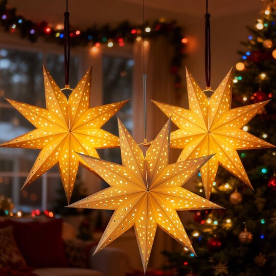 StaticPoster; 3Pcs Paper Star Lantern Lampshade 9 Pointed Star Hanging Decorations for Christmas New Year Wedding Party Holiday Birthday, 13.78 x 13.78 x 5.12 Inch; Category:Ceiling Decorations; Image:1